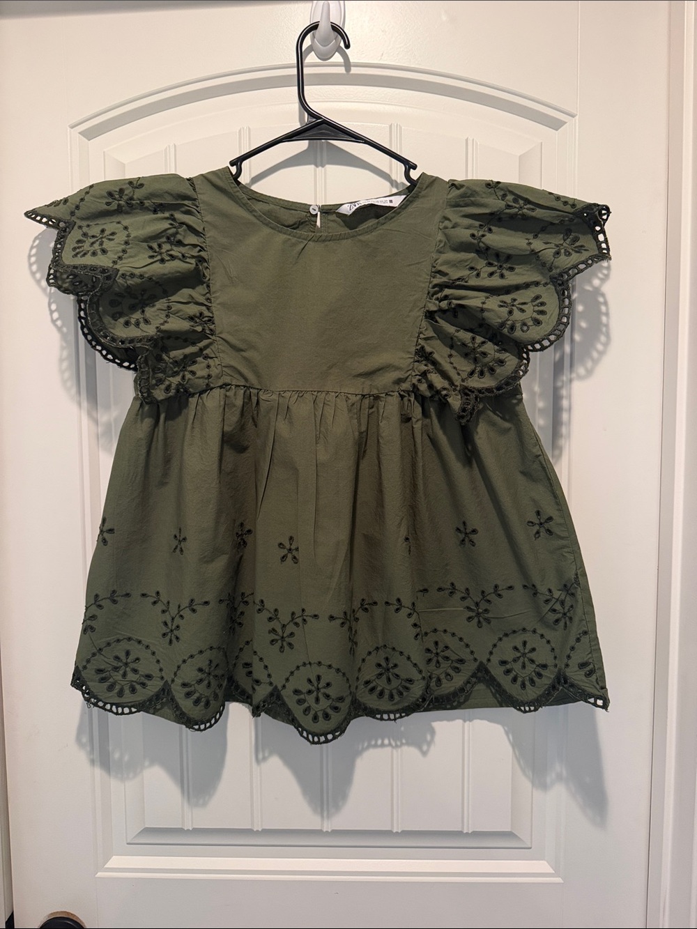 Olive Green Eyelet Flutter Sleeve Kids Top